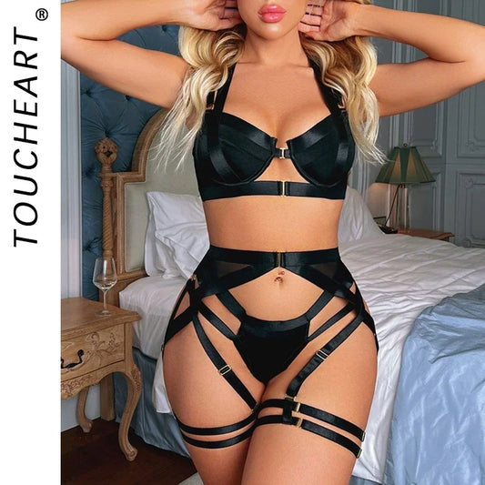 Toucheart Strap Cross Sexy Lingerie Body Shaping Separates Set Women Solid Color Sexy Hollow Out Underwear Metal Sheet Bra Set