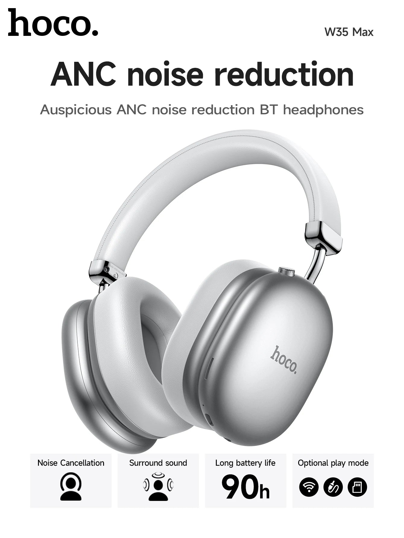 HOCO W35 Max ANC Noise Reduction Bluetooth Headphones Volume Control Over Ear Wireless Headsets 90H Use Time Earphones Universal
