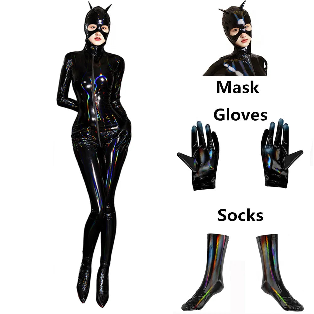 Adult Cat Girl Cosplay Costume Women Sexy Shiny Leather PU Zipper Open Crotch Bodysuit Tights One-piece Unitard Leotard Jumpsuit