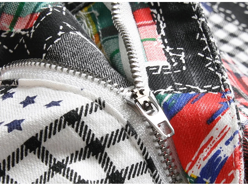 Männer Plaid Digital Print Jeans Mode Patches Patchwork Stretch Denim Hosen Schlank Gerade Hose