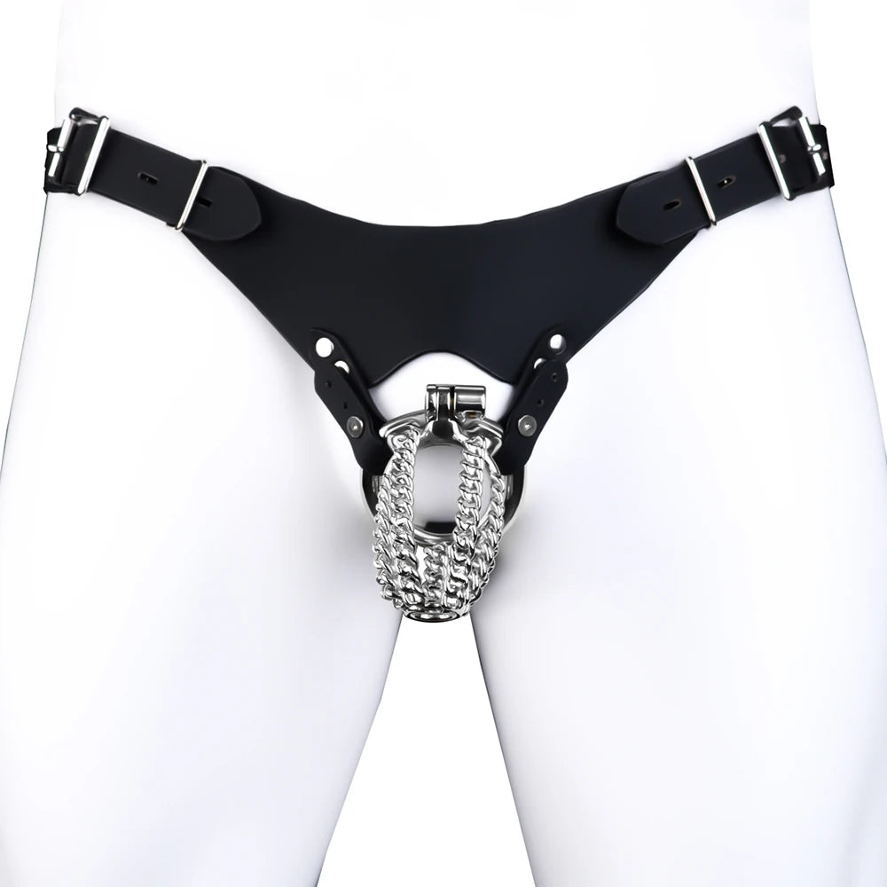 PU Leather Chastity Belt For Metal Penis Lock Cage Auxiliary Harness Belt Underwear Chastity Accessories B*SM Men S*x Toys
