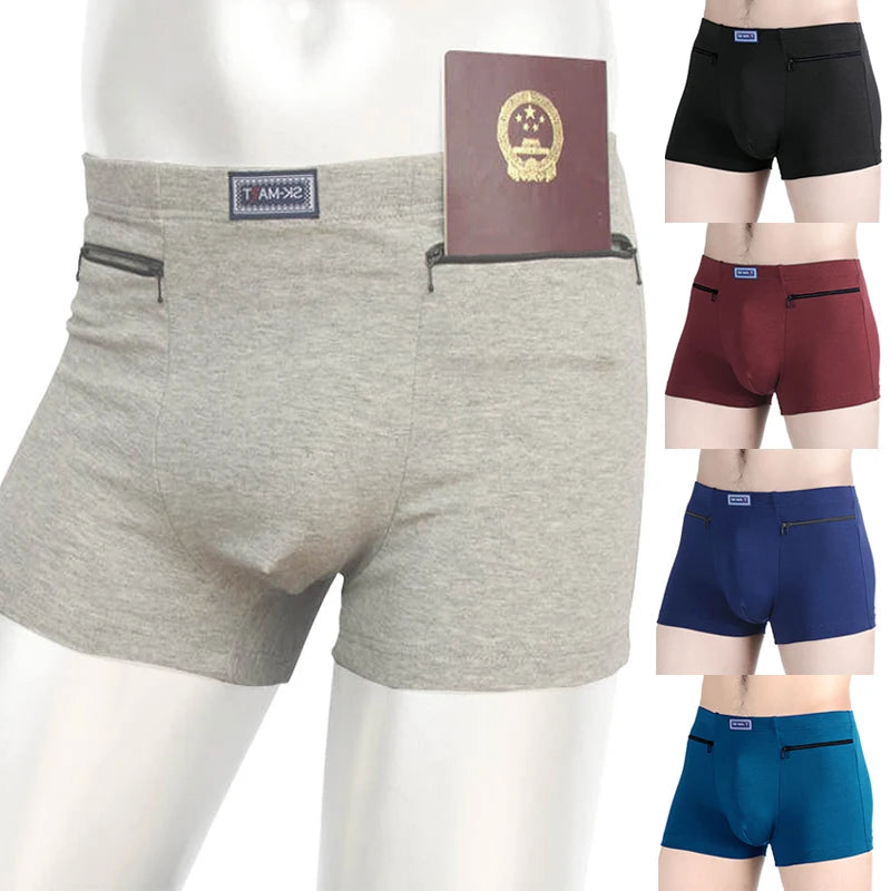 Men Cotton Boxer Panties Underwear Anti-theft Zippers Pockets Briefs Underpants Casual Solid Men's Boxers Shorts