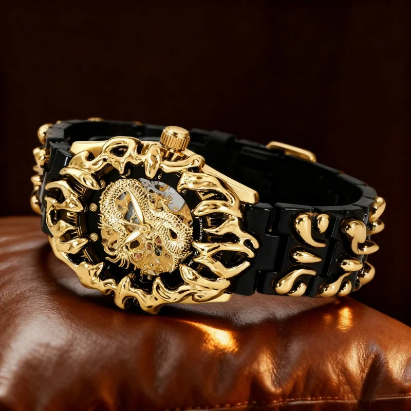A men's black and gold steel strap casual niche carved dragon pattern mechanical watch