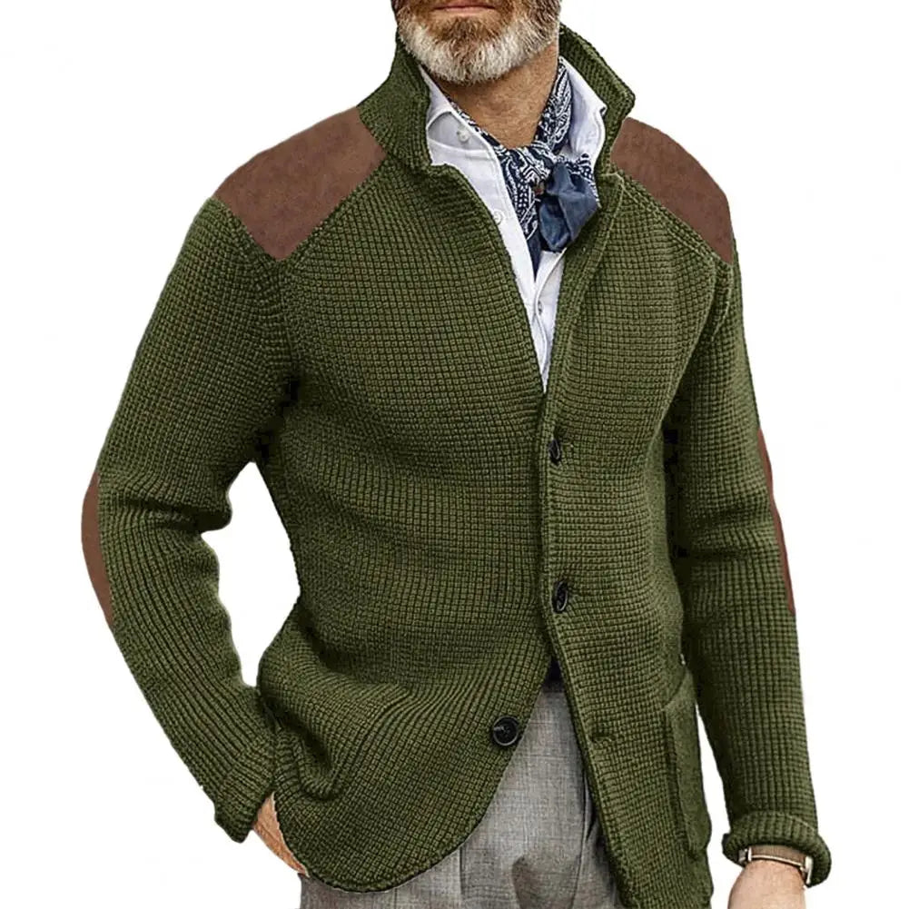 Autumn Winter Men Knit Cardigan Single Breasted Turn Down Collar Knitted Sweater Jackets Fashion Patchwork Male Sweater Coat
