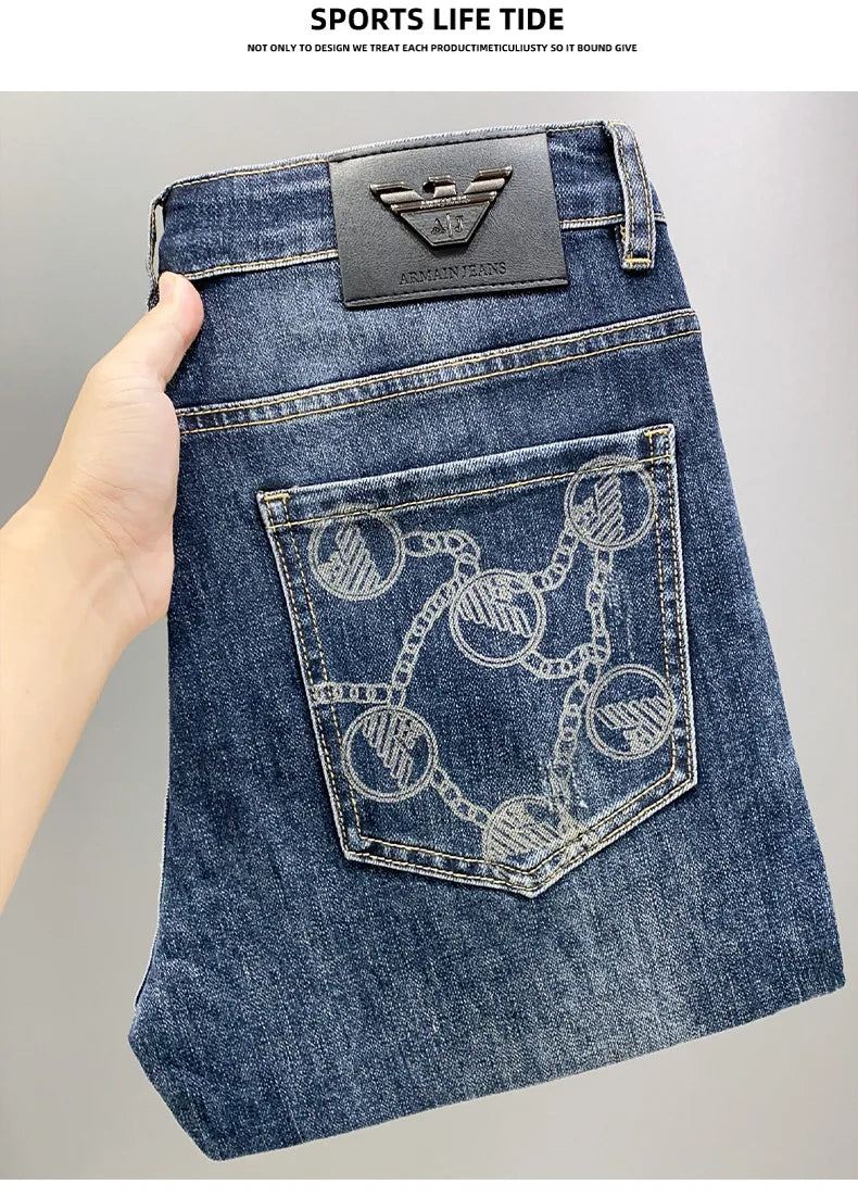 Modische Jeans mit Aufdruck für Herren, leichte Luxus-Jeans für Herren, Stretch, Slim Fit, hochwertige und modische Freizeithose mit Knöchelband