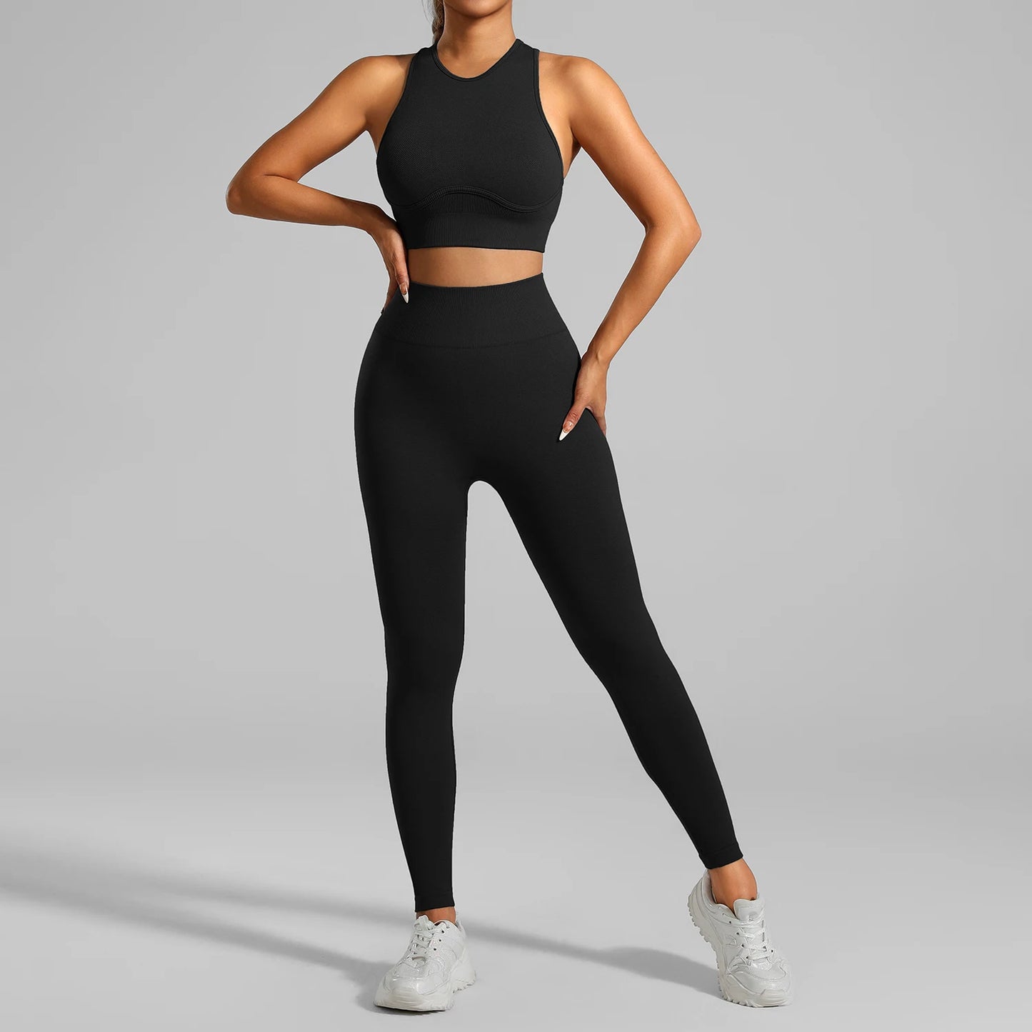 Seamless Ribbed High Waisted Yoga Set for Women, Tummy Control Criss Cross Back Workout Outfit, Quick Dry Fitness Set for Gym
