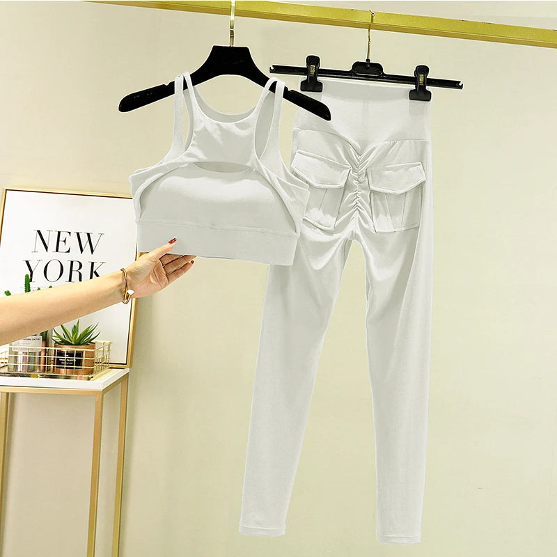 TRY TO BN Women's Tracksuit Yoga Set Sports Bra Leggings Pocket High Waist Pant Fitness Workout Cycling Sport Gym Outfit Clothes