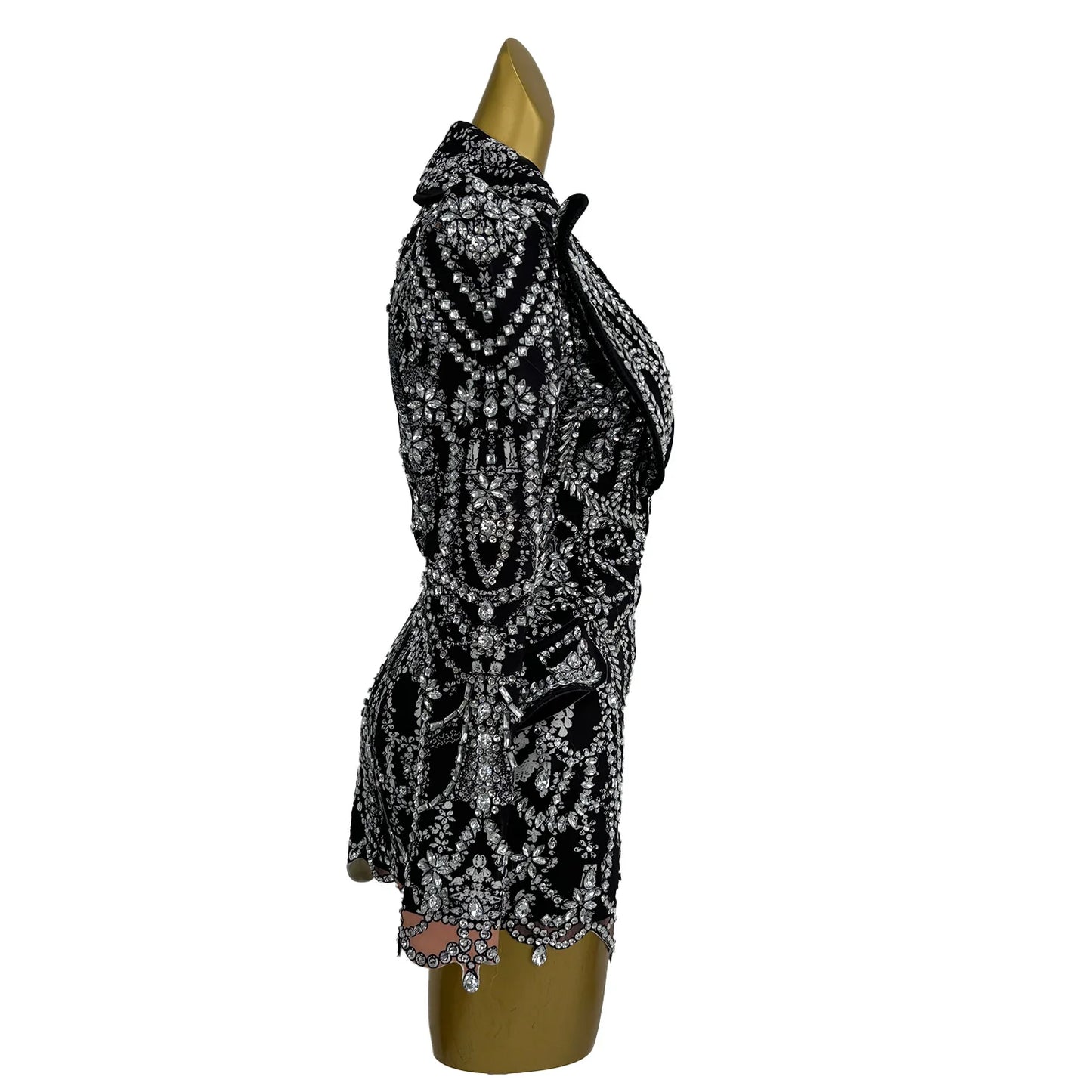 Fashion Crystal Rhinestones Short Dress Deep V Black Club Party Birthday Performance Drag Queen Costume