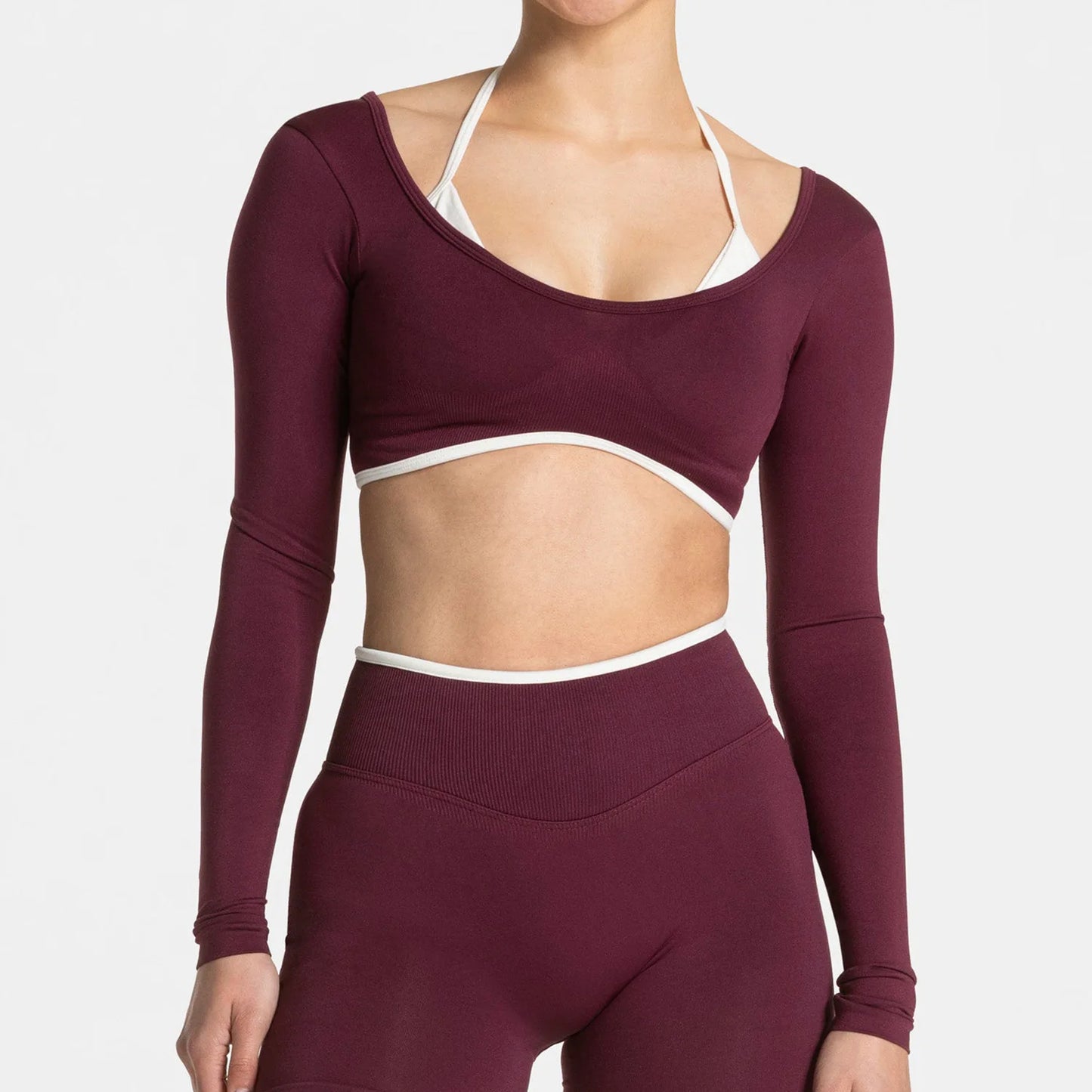 Women's Color Block Yoga Set Long Sleeve Top & High Waisted Shorts Butt Lifting Tummy Control 4-Way Stretch Workout Gym Fitness