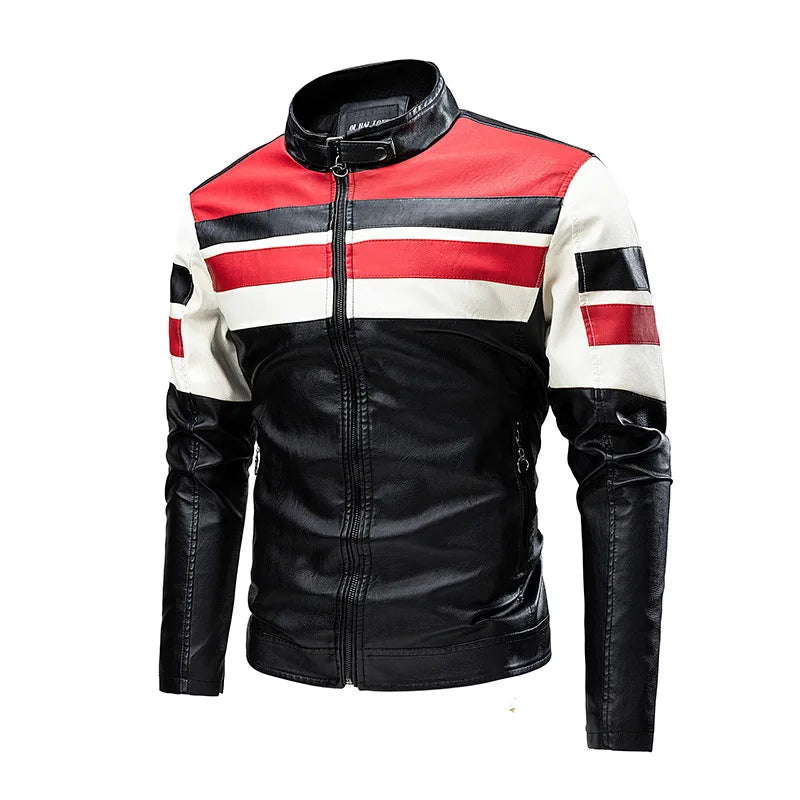 2025 New Color Blocked Stand Up Collar PU Leather Motorcycle Bike Jackets for Men,multi-color Spring Autumn  Thin Casual PU Coat