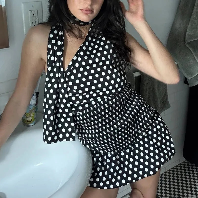 Talenza Bowknot Short Skirt Two Piece Women Sexy Strapless Polka Dot Tie Top Ruffle Skirt Set Vintage Sexy Sleeveless Skirt Set