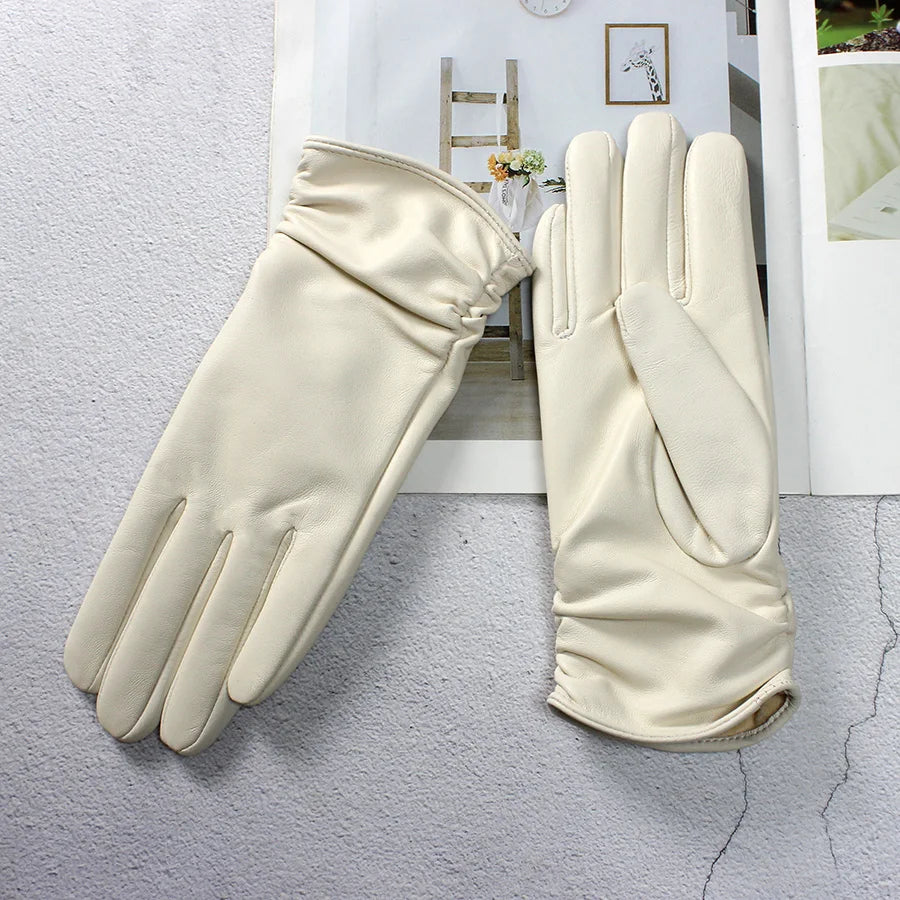 Sheepskin Leather Gloves Women's Fashion Elastic Style Velvet Lining to Keep Warm in Autumn and Winter Retro Color Points