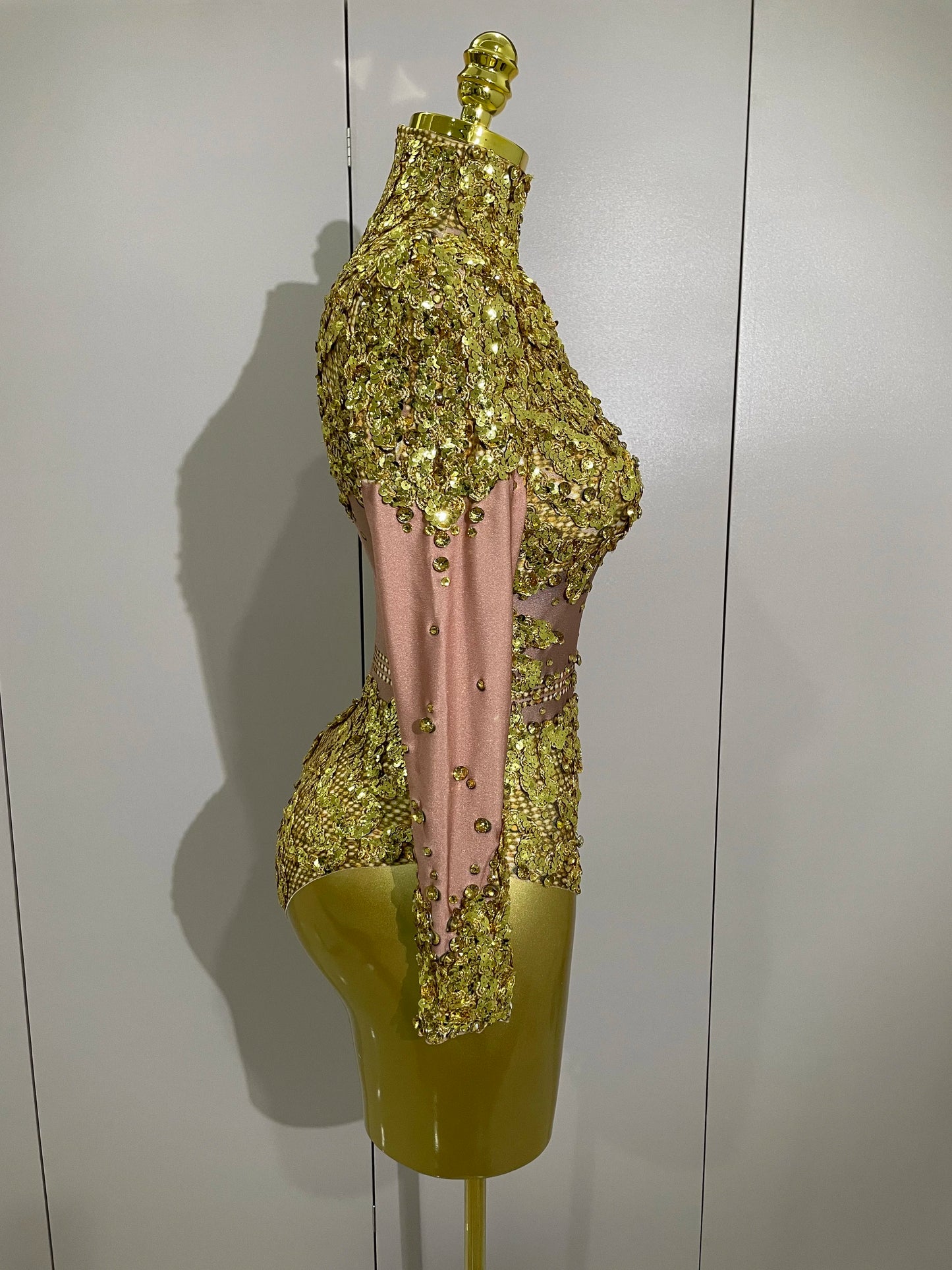 STOCK Sparkly Gold Silver Rhinestone Sequin Stretch Bodysuits Women Birthday Party Nightclub Dancer Stage Performance Costume