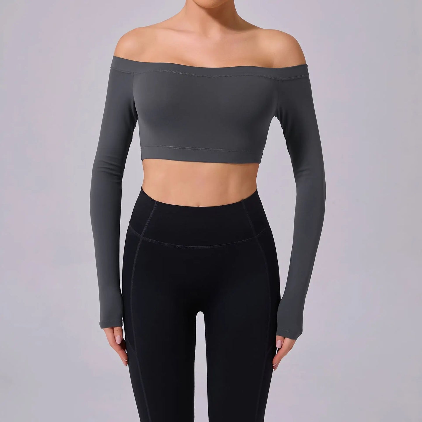 One shoulder T-shirt, long sleeved yoga suit, women's sandblasted tight fitting fitness suit, paired with a sports running top