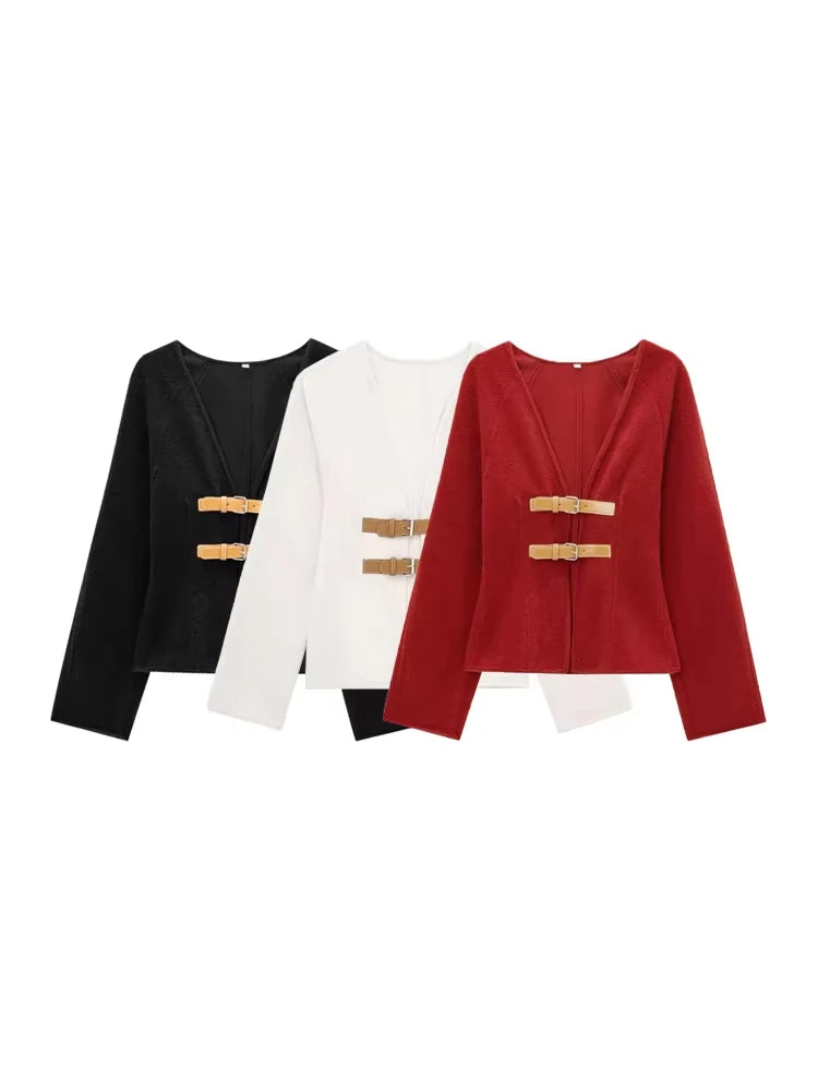 Women Fashion With Belt Woolen Jacket Coat V Neck Long Sleeve Female Outerwear Chic Tops