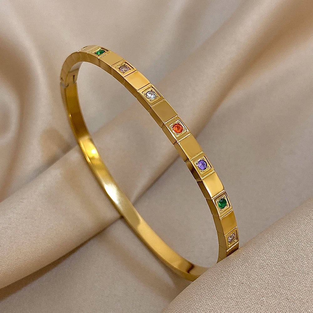 New Inlaid Square Small Colored Zircon Stainless Steel Bangle Bracelet for Women Luxury Gold Plated Cubic Zirconia Bracelets