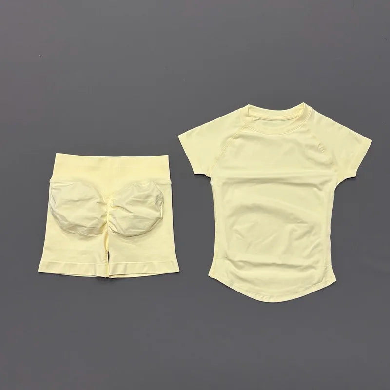 2 Piece Sports Set Women Gym Yoga Set Seamless Fitness Gym Clothes Sportswear Short Sleeve Top Sports Short Leggings Suit