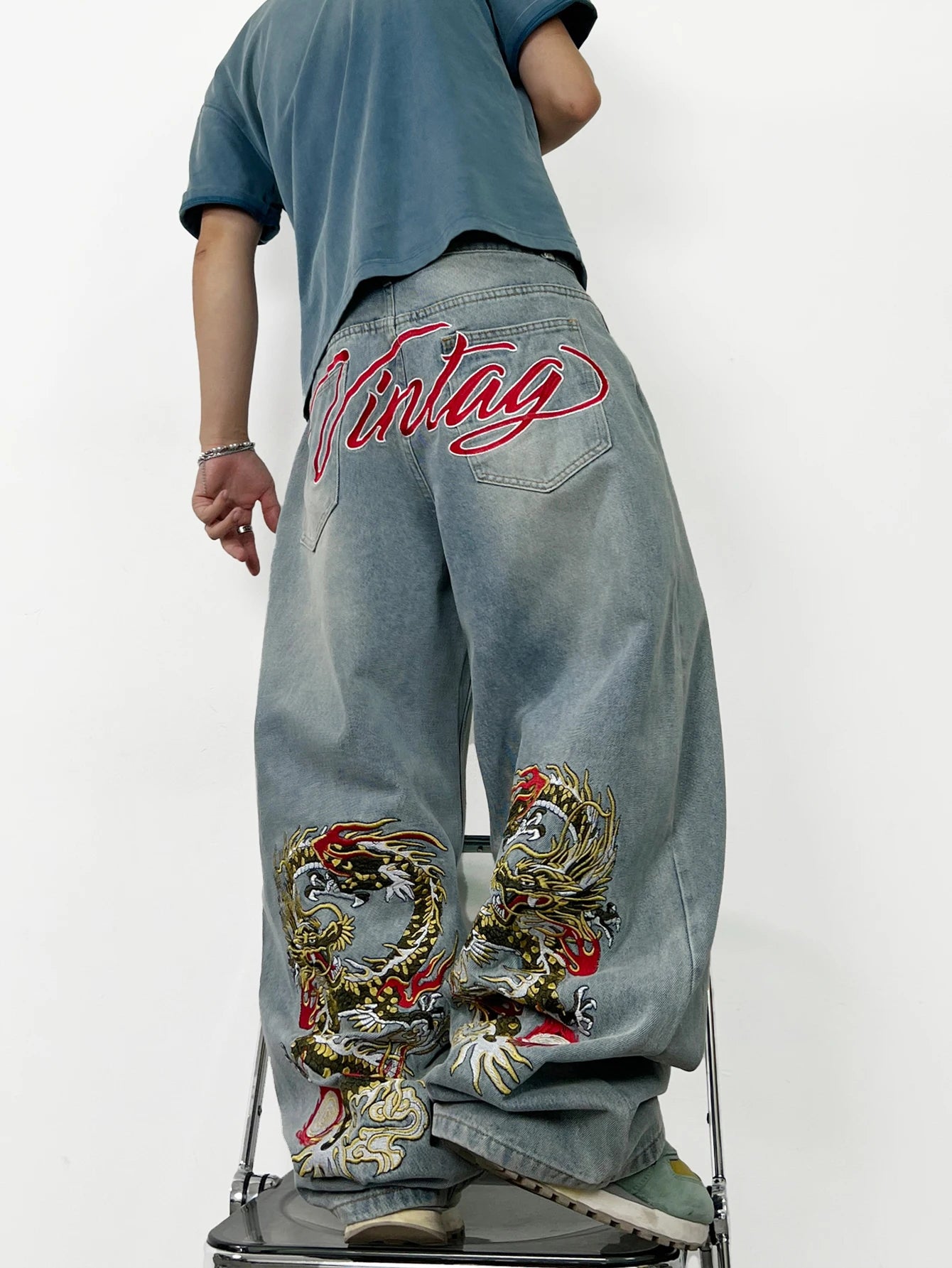 American Retro Dragon Art Embroidery Blue Baggy Jeans Men's y2k Washed Street Hip-Hop Fashion Versatile Straight Wide-Leg Pants