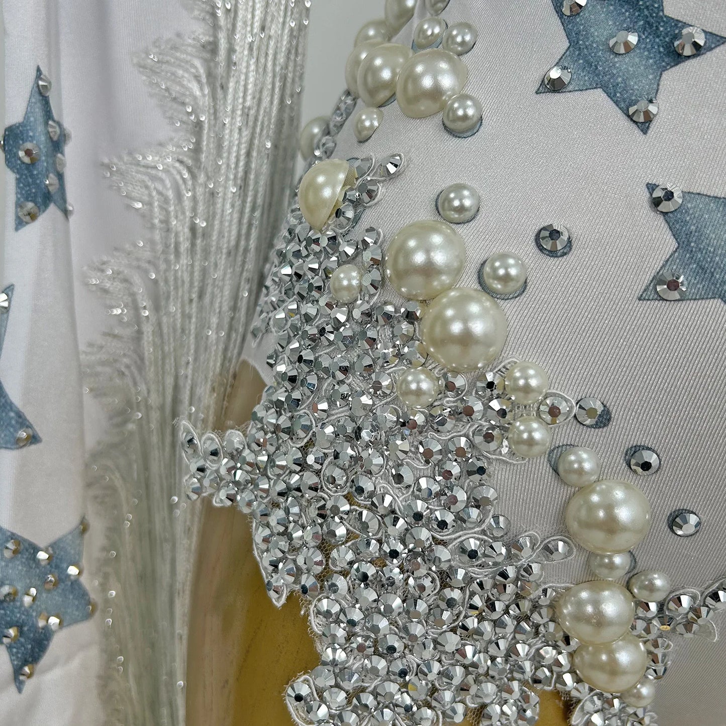 Designer Star Big Pearls Rhinestone Bodysuit Women Long Tassel Party Jumpsuit Nightclub Fringes Dancer Leotard Wear Starqun