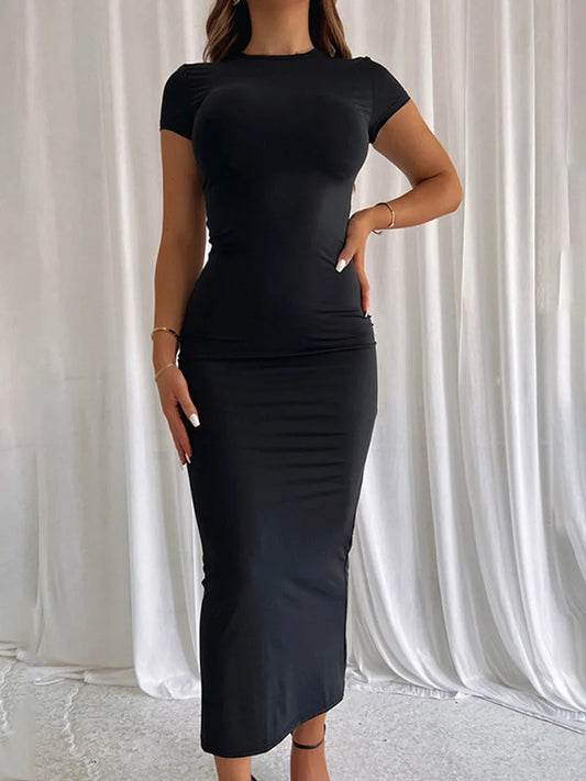 2025 Women Solid Color Slim Short Sleeve Casual Pullover Sumer Long Dress Skinny Sexy Daily Dress