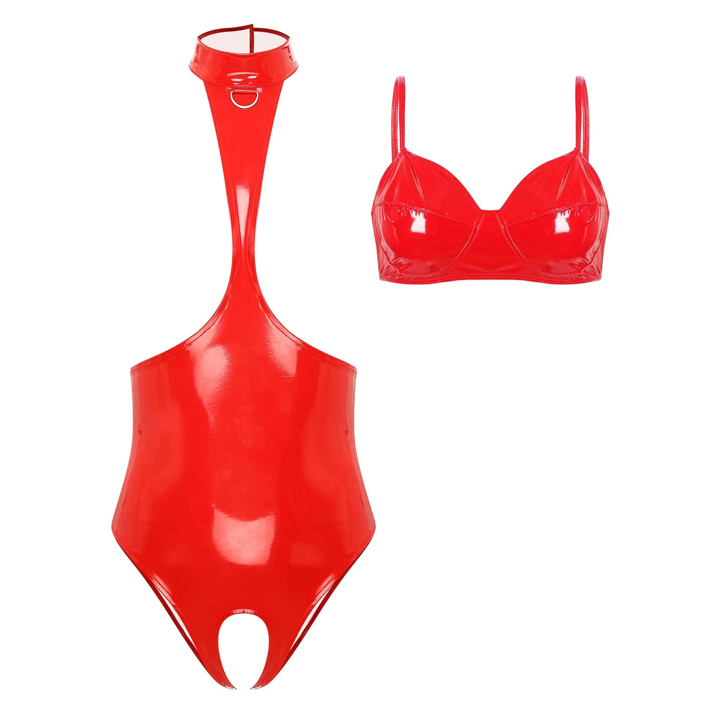Womens Glossy Halter Cutout Crotchless Bodysuit And Bra Lingerie Set Open Chest Teddies Wet Look Faux Leather Rave Clubwear