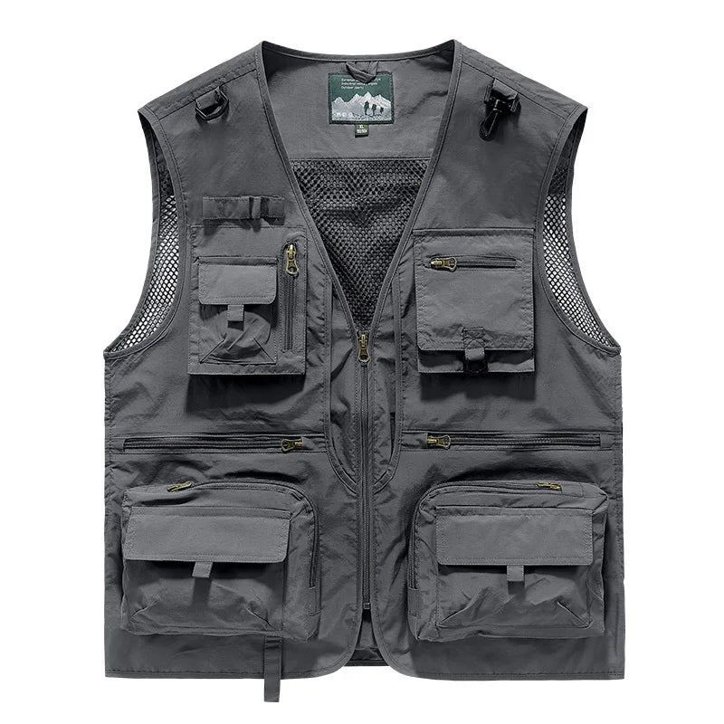 MaiDangDi V-neck Sleeveless Men's Vest Breathable Mesh Lining Mens Jacket Multi Functional Convenient Pockets for Men Clothing