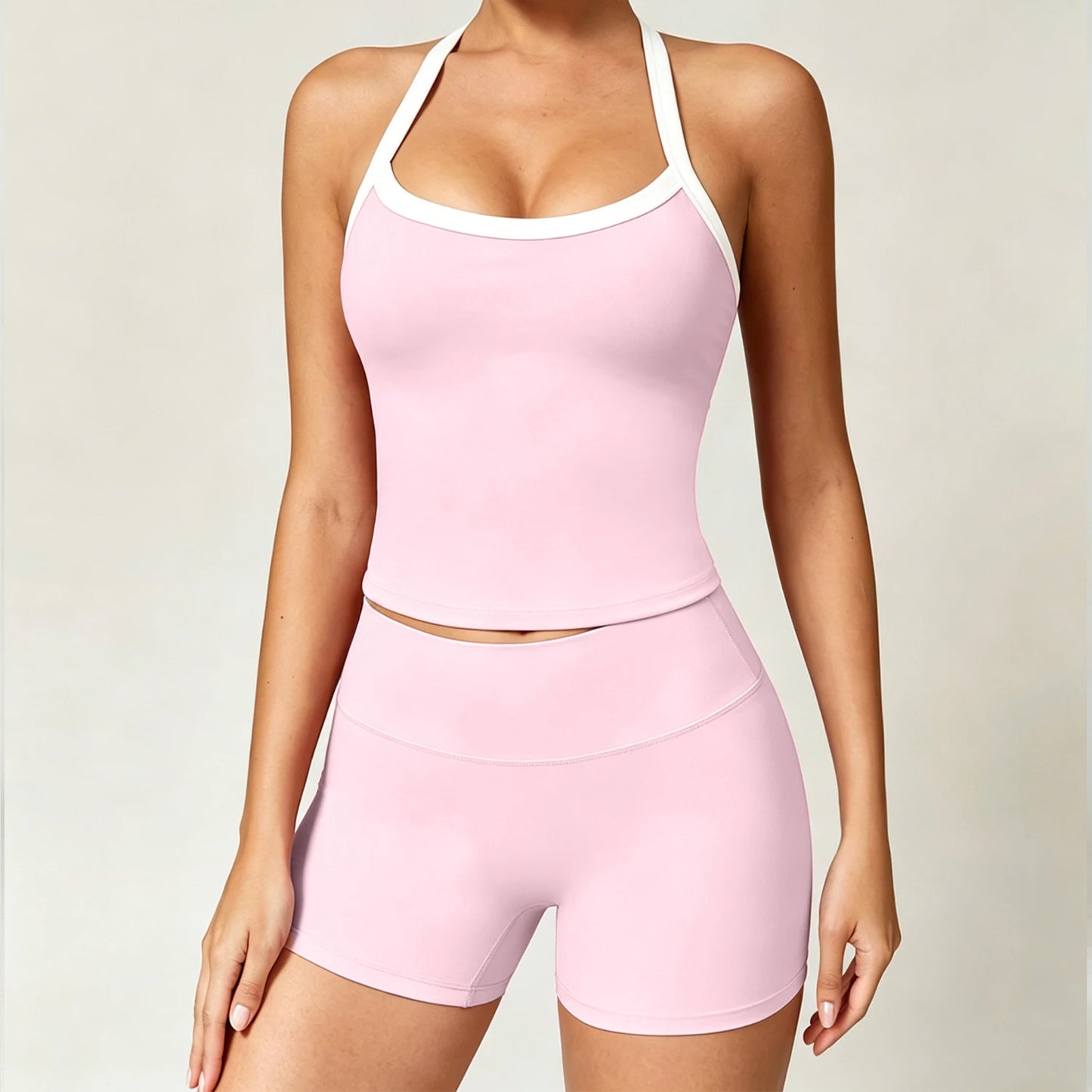 GYM 2 Piece Set Racerback Design+Shorts Women Sports Bra with Padded Yoga Halterneck Top High Waist Pant Summer Running Fitness