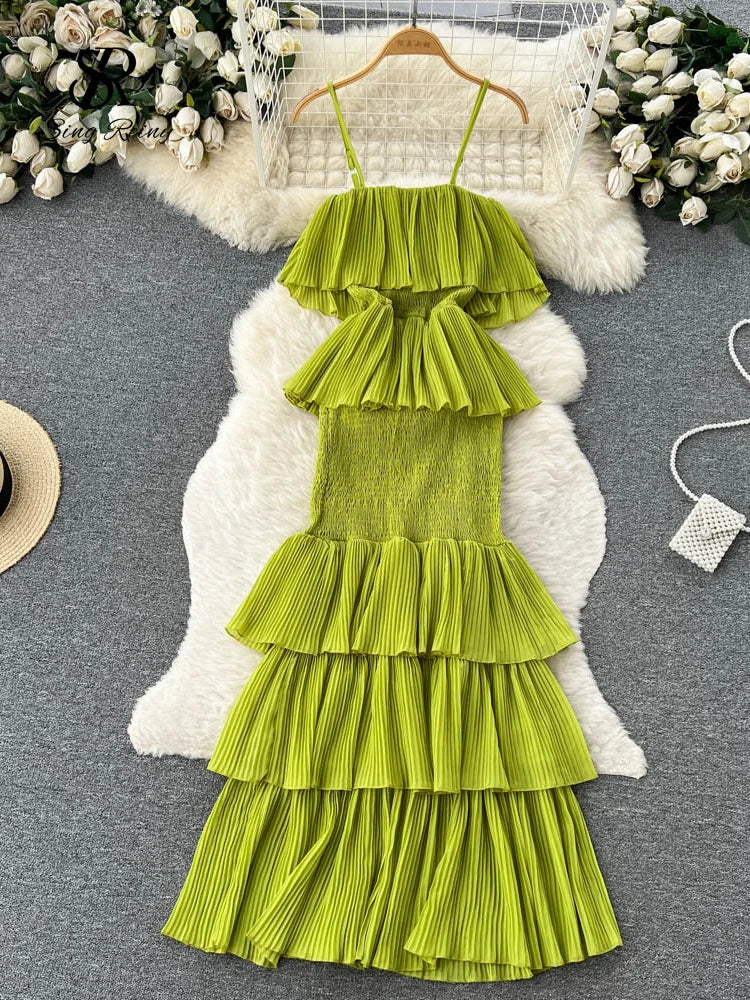 SINGREINY Women Hotsweet Chiffon Sundress Strap Cake Backless Sheath Bodycon Long Dress Vacation Retro Elastic Beach Dress