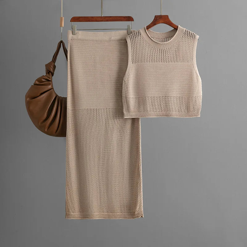 Two Piece Sets For Women Hollow Out Beach Skirts Outfits Knit Tank Tops Skirts with Slit Sexy Long Skirts Sets Women 2 Piece