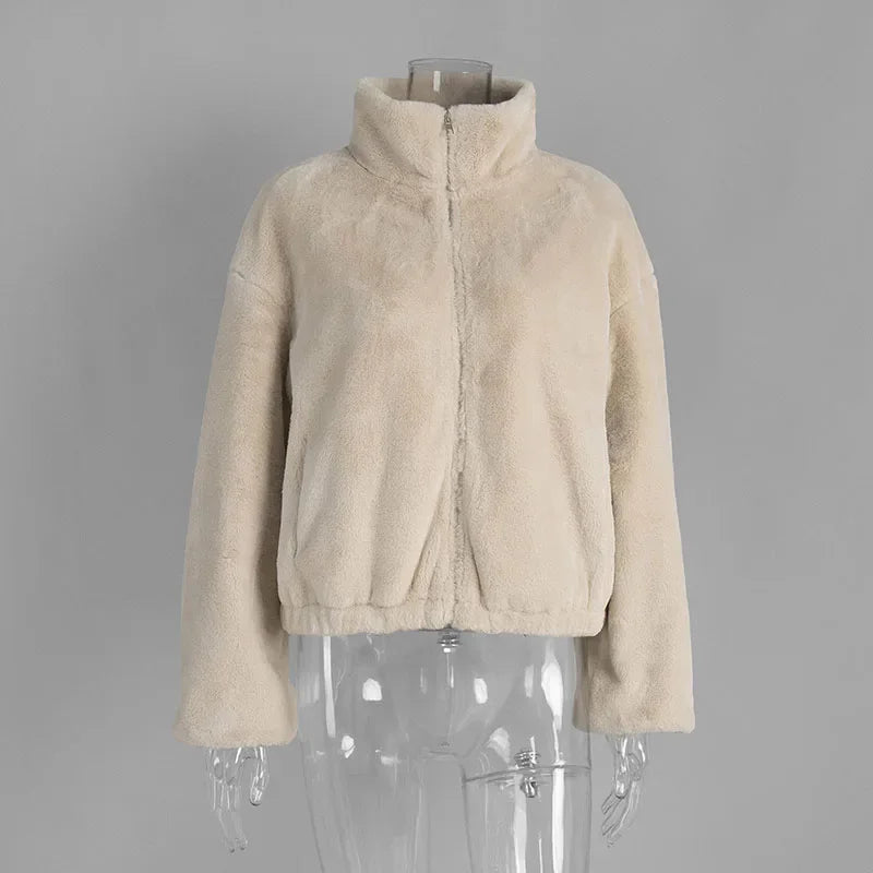 2025 Winter Coat Women Warm Outerwear Loose Fur Faux Coat Women Elegant Jacket Long Sleeve Zipper Female Short Coats