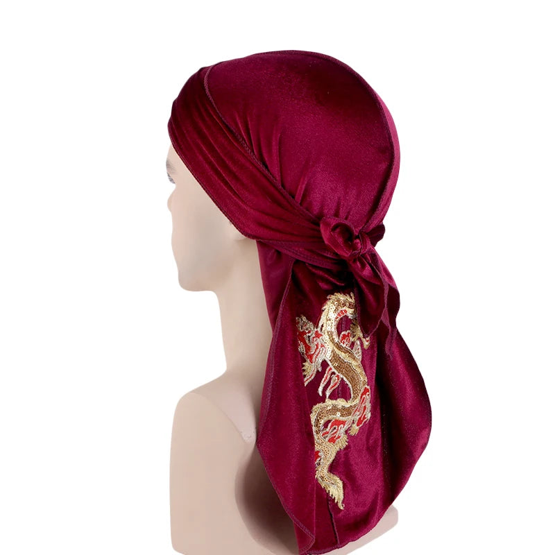 Neue chinesische Mode für Männer mit Drachenmuster aus Samt, Durags, Bandanas, Kopfbedeckungen, Männer, DuRag, Turban, Hut, Stirnband, Haarschmuck, Wellen, Kappe