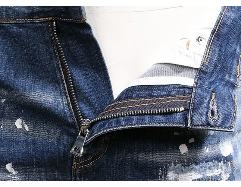 Retro Style Men's Slim Fit Jeans Distressed Hole Design Elastic Casual Long Pants Youth Trendy Street Style Straight Leg Jeans