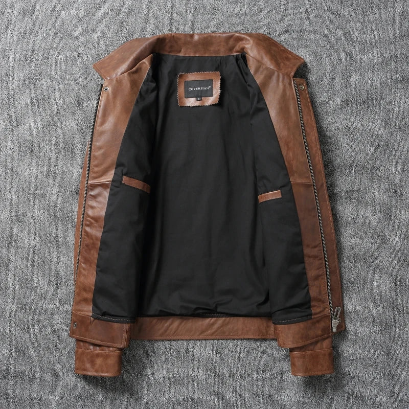 Slim Fit Biker Jaet Real Leather Oil Wax Top Layer Cowhide Multi ket Workwear Faionable Collar Men's Trendy Leather Ja