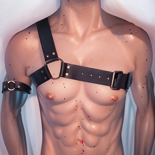 Gothic Punk Men'S Black Faux Leather Straps with Chest Harness & Arm Bands, Suits and Casual Attire, Stylish and Comfortable