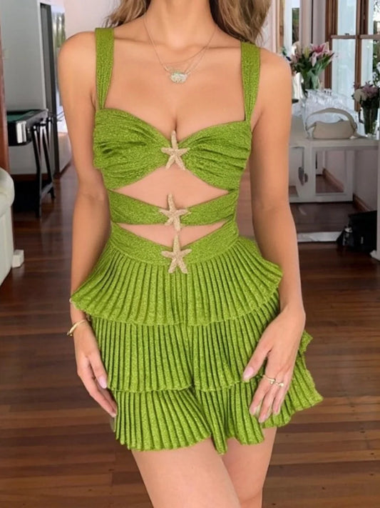 Sexy Shiny Hollow Out Layered Ruffle Mini Dress Women  New Backless Sleeveless Slim Dresses Lady Party Vocation Gown