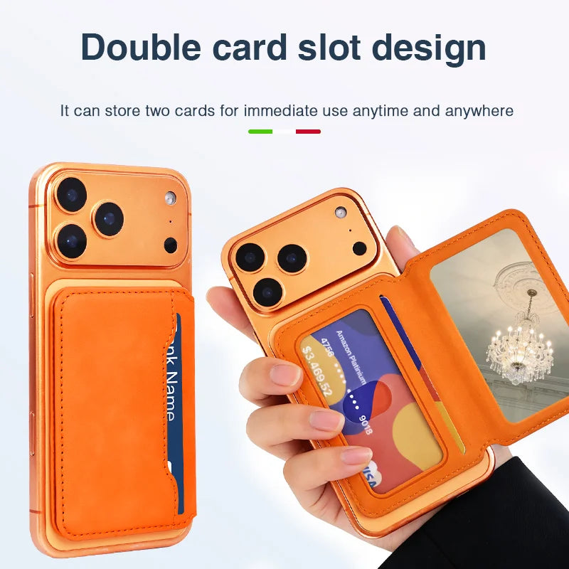 Thin Leather Wallet Magnetic Cellphone Card Holder For IPhone 16 15 14 13 18 17 Pro Max For Magsafe Bring Your Own Makeup Mirror