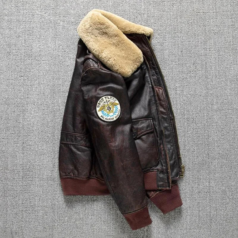 Air Force Flight Jacket Fur Collar Genuine Top Layer Cow Leather Jacket Men Brown Cowhide Men's Winter Military G1 Jacket 6XL