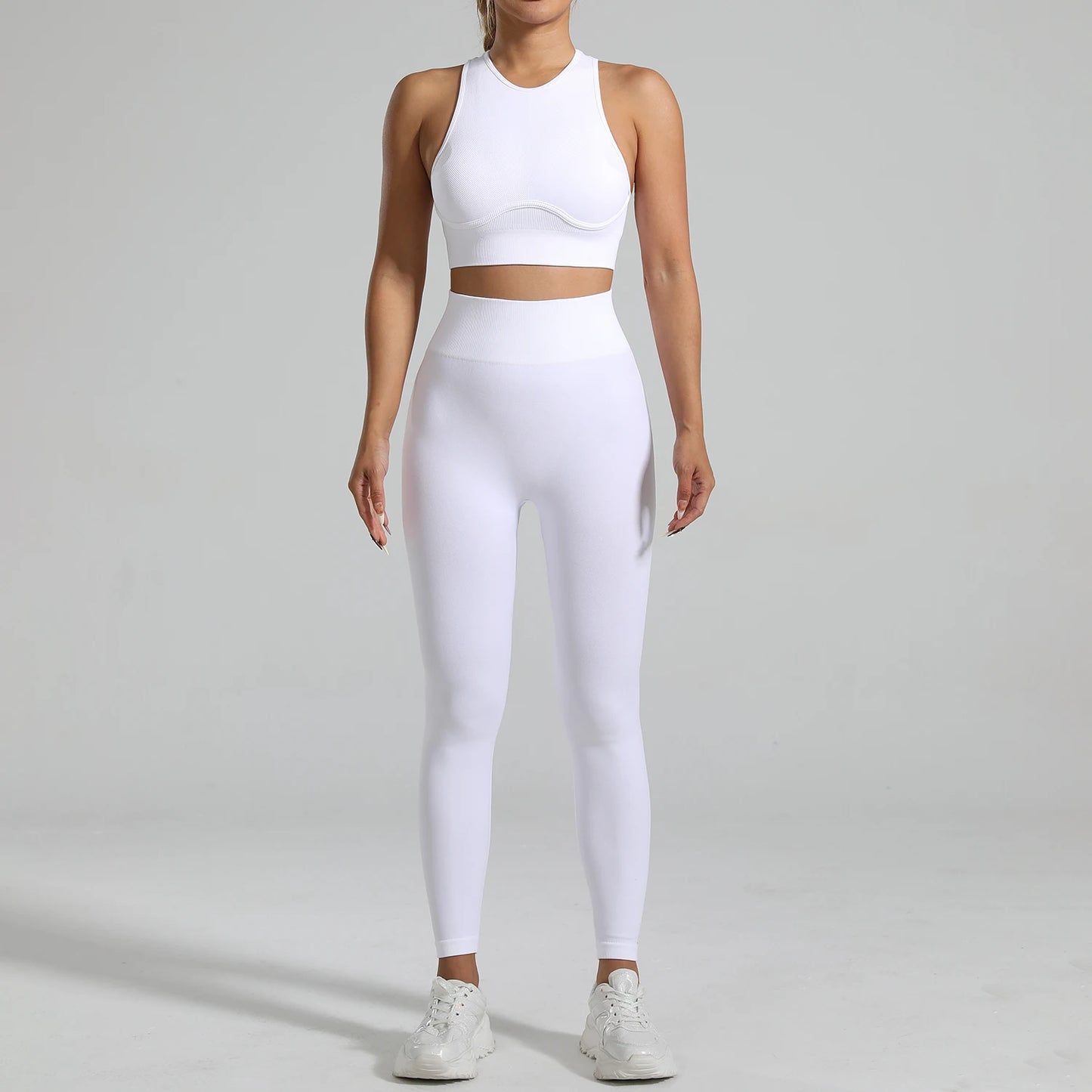 Seamless Ribbed High Waisted Yoga Set for Women, Tummy Control Criss Cross Back Workout Outfit, Quick Dry Fitness Set for Gym