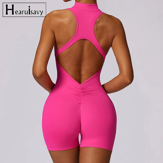 Neu V Zurück Scrunch Sport Overall Frauen Gym Strampler Ärmellose Sportbekleidung Bodys Frauen Zipper Einteiliges Anzug Yoga Kleidung