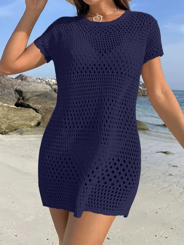 Summer Solid Color Mini Dress round Neck Holiday Hollow out Sun Protection Beachwear Women's Fashion Casual Skirt