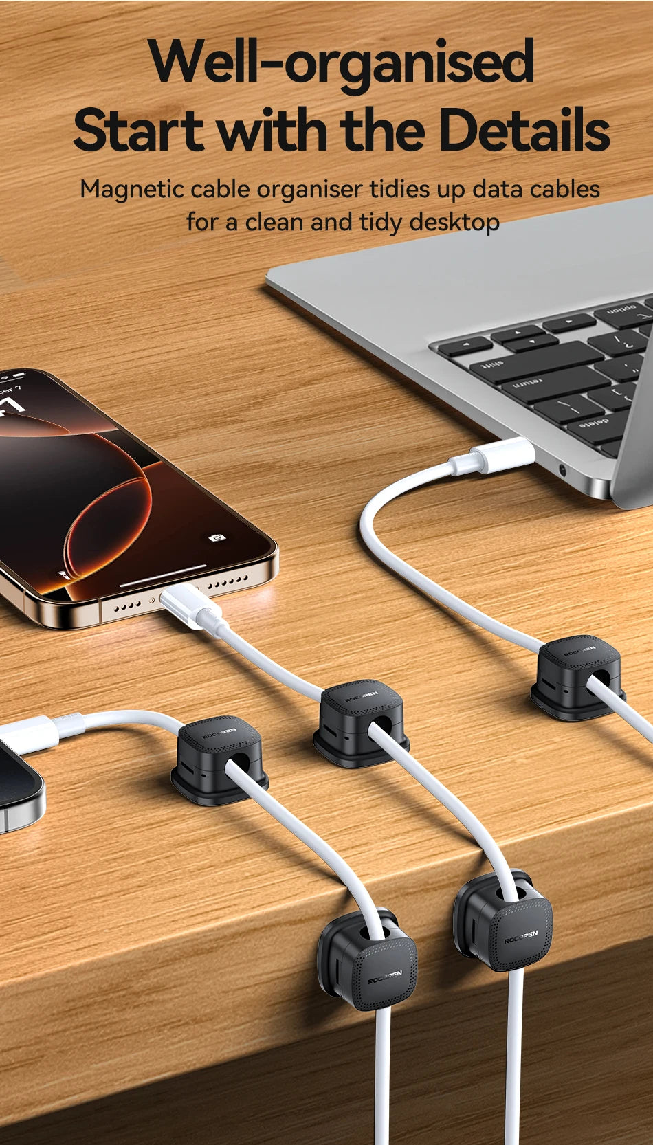 Rocoren Magnetic Cable Sorting Desktop Self Adhesive Cable Clamp Adjustable Cable Management Clamp for Earphone Cable Data Cable