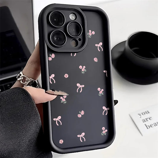 Korean Cute Pink Bowknot Silicone Phone Case For iPhone 15 14 13 16 12 11 17 Pro Max XR Xs 7 8 SE 2 Candy Color Shockproof Cover