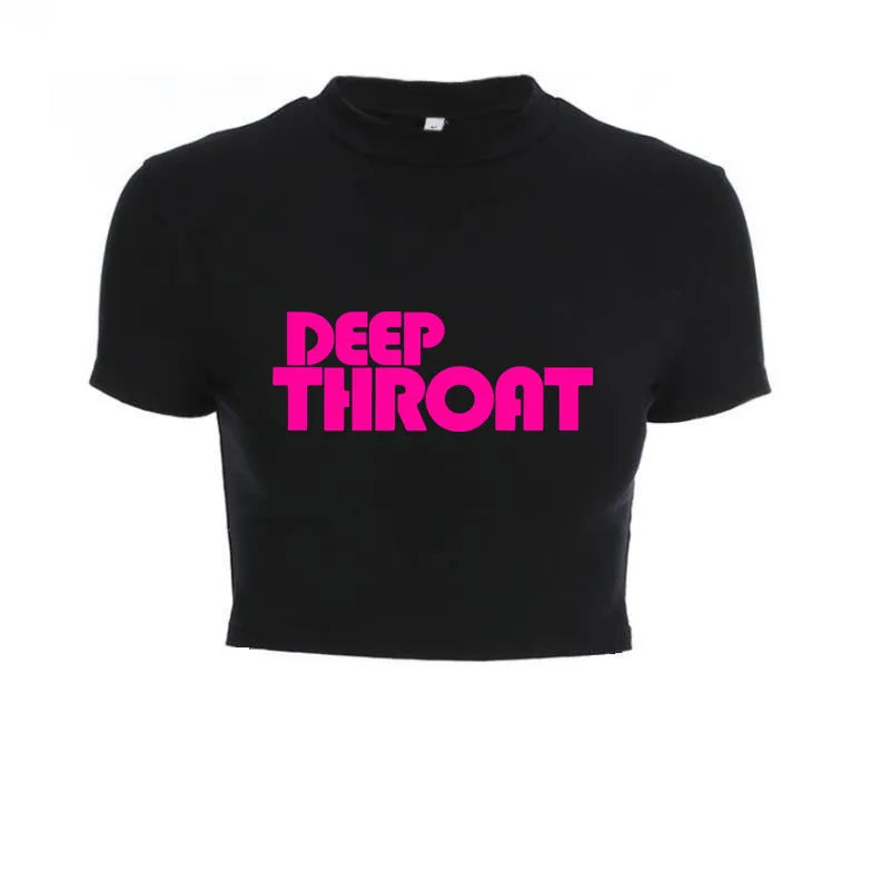 Deepthroat Princess Women Crop Top Black Short Bandage Tee Tops Girls Sexy TShirt Harajuku High Elasticity Tight Short Sleeves