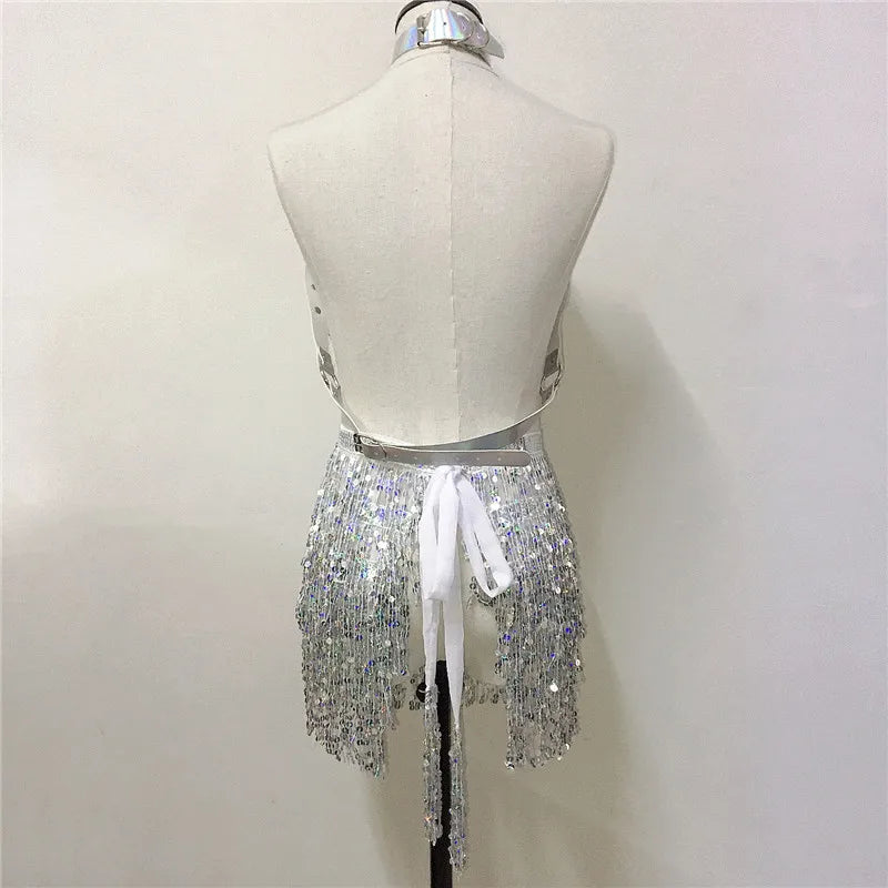 Women PU Leather Harness 2 Piece Set Sexy Hollow Out Metal Chest Chain With Tassel Sequins Mini Skirt Gothic Party Club Outfits