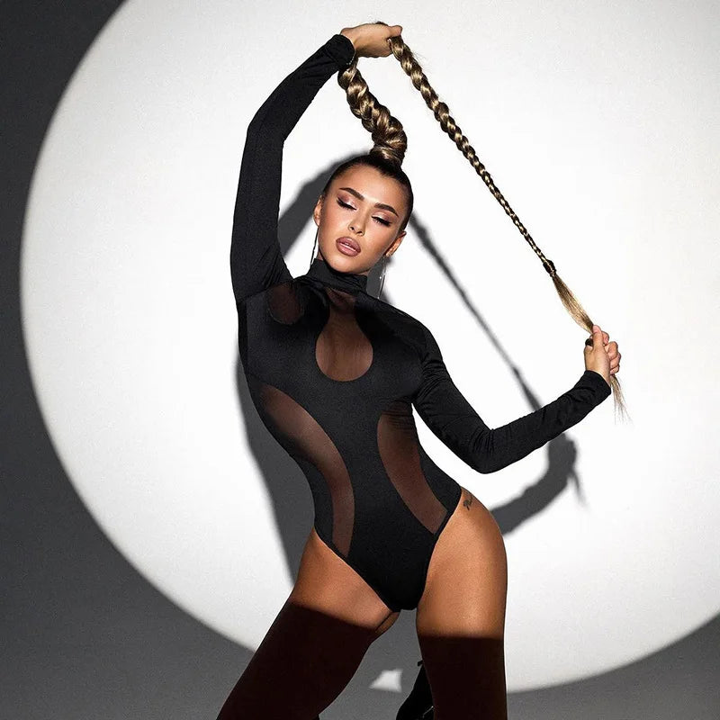 Sexy Slimming High Waist Round Neck Hot Girl Solid Color Fall Women Fashion Mesh Perspective Splicing Long Sleeve Tight Bodysuit