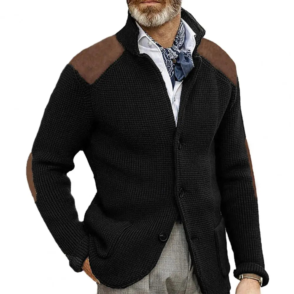 Autumn Winter Men Knit Cardigan Single Breasted Turn Down Collar Knitted Sweater Jackets Fashion Patchwork Male Sweater Coat