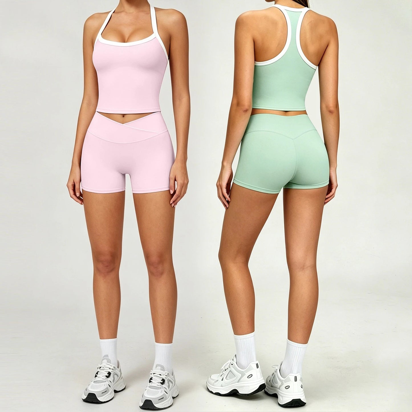 GYM 2 Piece Set Racerback Design+Shorts Women Sports Bra with Padded Yoga Halterneck Top High Waist Pant Summer Running Fitness