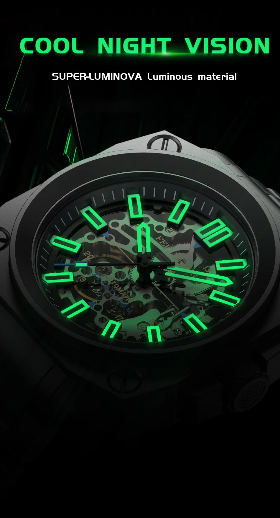 FeelNever Kreative Herrenuhr mit Automatikwerk, ausgehöhlt, modisch, lässig, sportlich, Militär, Leder, wasserdicht, mechanische Uhr + Box