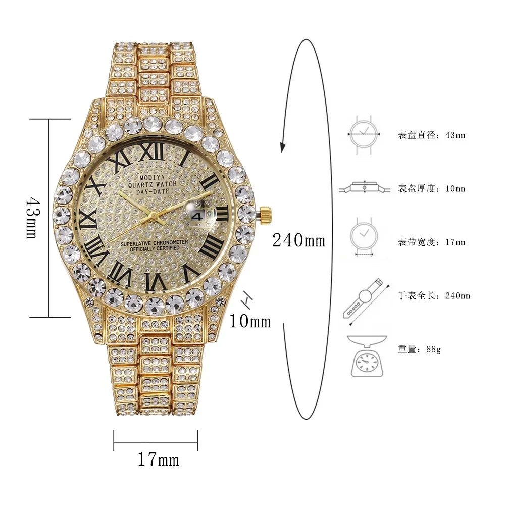 Diamond Bling Watch Men Gold Color Luxury Gift Quartz Watches Male Clock Dropshipping  Rhinestone Calendar Wristwatch