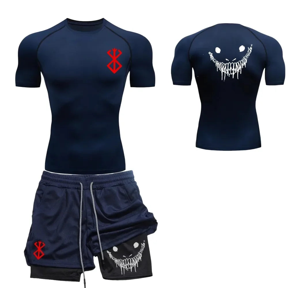 Men's fashionable casual fitness set, gym quick drying sportswear, shorts+shirt, 2-piece set, running, training, summer